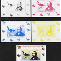 Comoro Islands 2008 Ornithologists & Birds #4 John Gould 300f individual deluxe sheet - the set of 5 imperf progressive proofs comprising the 4 individual colours plus all 4-colour composite, unmounted mint