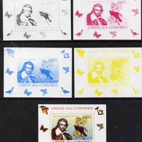 Comoro Islands 2008 Ornithologists & Birds #5 John James Audubon 400f individual deluxe sheet - the set of 5 imperf progressive proofs comprising the 4 individual colours plus all 4-colour composite, unmounted mint