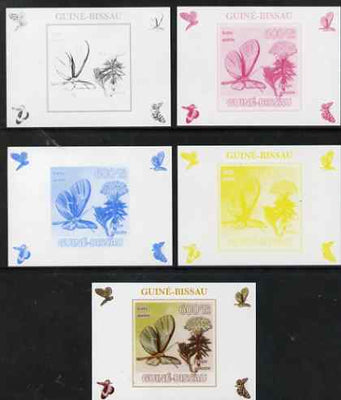 Guinea - Bissau 2009 Butterflies & Flowers #1 individual deluxe sheet - the set of 5 imperf progressive proofs comprising the 4 individual colours plus all 4-colour composite, unmounted mint