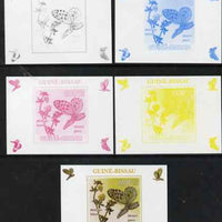 Guinea - Bissau 2009 Butterflies & Flowers #2 individual deluxe sheet - the set of 5 imperf progressive proofs comprising the 4 individual colours plus all 4-colour composite, unmounted mint