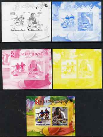 Benin 2007 Beijing Olympic Games #04 - Rowing (1) s/sheet containing 2 values (Disney characters in background) - the set of 5 imperf progressive proofs comprising the 4 individual colours plus all 4-colour composite, unmounted mint