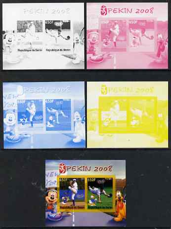 Benin 2007 Beijing Olympic Games #09 - Baseball (3) s/sheet containing 2 values (Disney characters in background) - the set of 5 imperf progressive proofs comprising the 4 individual colours plus all 4-colour composite, unmounted mint
