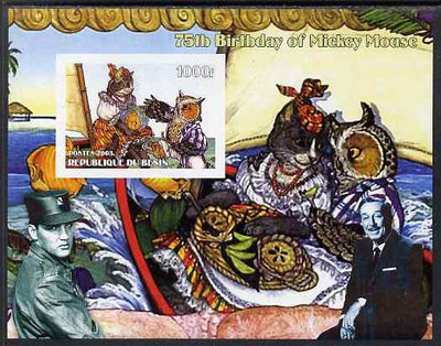 Benin 2003 75th Birthday of Mickey Mouse - The Owl & the Pussy Cat #2 (also shows Elvis & Walt Disney) imperf m/sheet unmounted mint. Note this item is privately produced and is offered purely on its thematic appeal