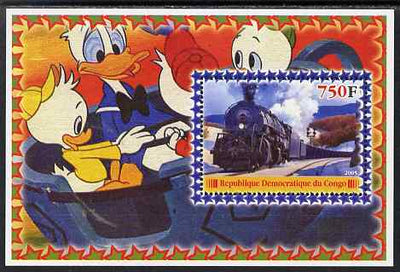 Congo 2005 Steam Locos #03 perf s/sheet with Disney characters in background unmounted mint. Note this item is privately produced and is offered purely on its thematic appeal