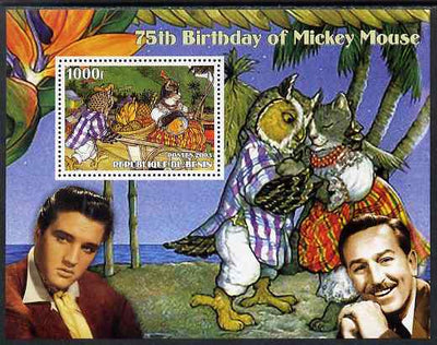 Benin 2003 75th Birthday of Mickey Mouse - The Owl & the Pussy Cat #3 (also shows Elvis & Walt Disney) perf m/sheet unmounted mint. Note this item is privately produced and is offered purely on its thematic appeal