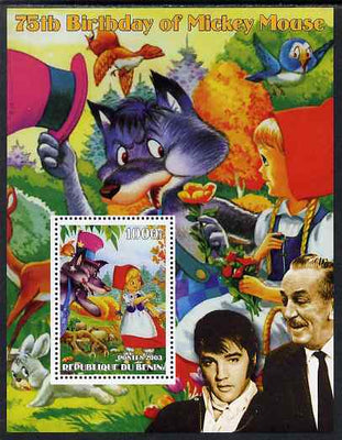Benin 2003 75th Birthday of Mickey Mouse - Little Red Riding Hood #01 (also shows Elvis & Walt Disney) perf m/sheet unmounted mint. Note this item is privately produced and is offered purely on its thematic appeal