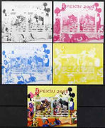 Benin 2007 Beijing Olympic Games #01 - Show Jumping (1) s/sheet containing 2 values (Disney characters in background) - the set of 5 imperf progressive proofs comprising the 4 individual colours plus all 4-colour composite, unmounted mint