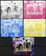 Benin 2007 Beijing Olympic Games #03 - Show Jumping (3) s/sheet containing 2 values (Disney characters in background) - the set of 5 imperf progressive proofs comprising the 4 individual colours plus all 4-colour composite, unmounted mint