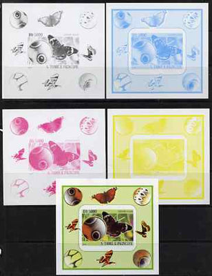 St Thomas & Prince Islands 2008 Butterfly #1 large individual deluxe sheet - the set of 5 imperf progressive proofs comprising the 4 individual colours plus all 4-colour composite, unmounted mint