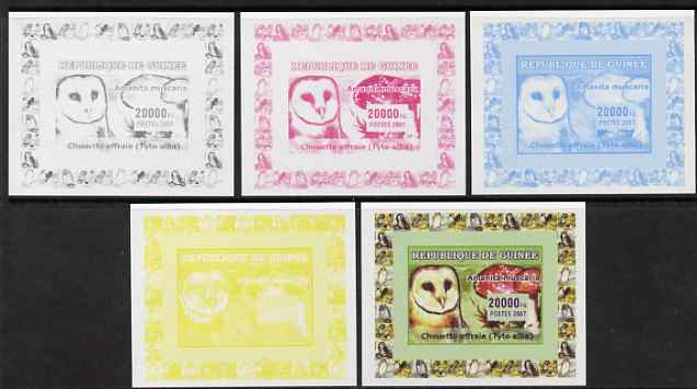 Guinea - Conakry 2007 Owls & Fungi #3 deluxe sheetlet - the set of 5 imperf progressive proofs comprising the 4 individual colours plus all 4-colour composite, unmounted mint as Yv 521 but design reversed