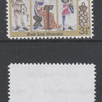 Great Britain 1973 Christmas 3.5p with turquoise-green (leg, etc) omitted,,'Maryland' perf forgery 'unused', as SG 948i - the word Forgery is either handstamped or printed on the back and comes on a presentation card with descriptive notes