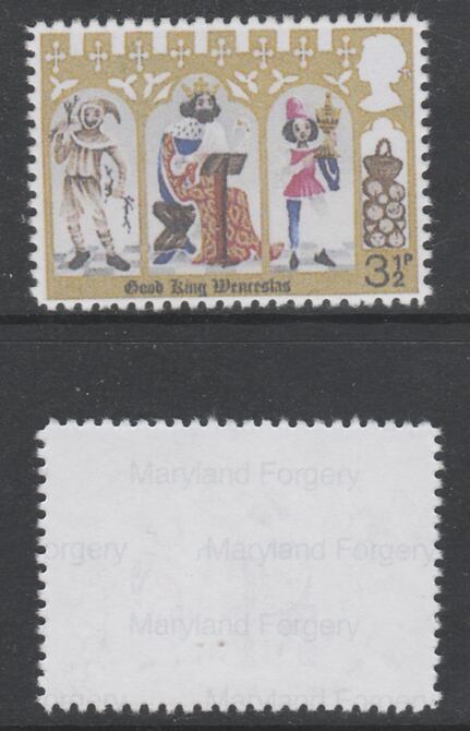 Great Britain 1973 Christmas 3.5p with turquoise-green (leg, etc) omitted,,'Maryland' perf forgery 'unused', as SG 948i - the word Forgery is either handstamped or printed on the back and comes on a presentation card with descriptive notes