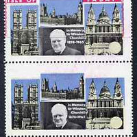 Pabay 1968 Churchill 5s vertical pair with red partly omitted resulting in no value and country missing from lower stamp, horiz crease which was probably the cause of the error