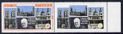Stroma 1968 Churchill 5s marginal pair with orange frame (Island name & value) completely omitted from right hand stamp, slight offset otherwise unmounted and spectacular