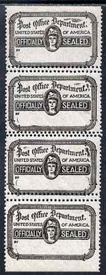 Cinderella - United States 1919 PO Dept 'Officially Sealed' label in vert strip of 4 with horiz perfs between doubled