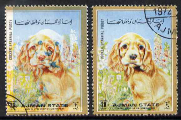 Ajman 1972 Dogs 20d Cocker Spaniel with superb misplacement of blue colour complete with normal both cto used