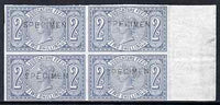 Great Britain 1876 QV Judicature Fees 2s imperf block of 4 each handstamped SPECIMEN unmounted mint