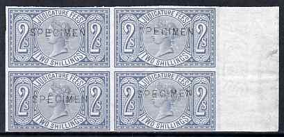 Great Britain 1876 QV Judicature Fees 2s imperf block of 4 each handstamped SPECIMEN unmounted mint