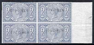 Great Britain 1876 QV Judicature Fees 2s imperf block of 4 each handstamped SPECIMEN unmounted mint