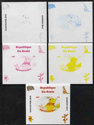 Benin 2009 Pooh Bear & Olympics #01 individual deluxe sheet the set of 5 imperf progressive proofs comprising the 4 individual colours plus all 4-colour composite, unmounted mint