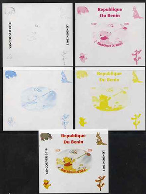 Benin 2009 Pooh Bear & Olympics #04 individual deluxe sheet the set of 5 imperf progressive proofs comprising the 4 individual colours plus all 4-colour composite, unmounted mint