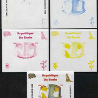 Benin 2009 Pooh Bear & Olympics #05 individual deluxe sheet the set of 5 imperf progressive proofs comprising the 4 individual colours plus all 4-colour composite, unmounted mint