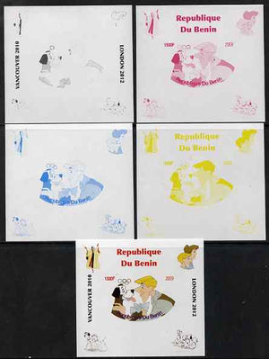 Benin 2009 Disney's 101 Dalmations & Olympics #01 individual deluxe sheet the set of 5 imperf progressive proofs comprising the 4 individual colours plus all 4-colour composite, unmounted mint