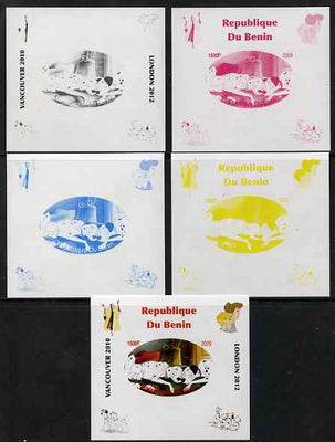 Benin 2009 Disney's 101 Dalmations & Olympics #02 individual deluxe sheet the set of 5 imperf progressive proofs comprising the 4 individual colours plus all 4-colour composite, unmounted mint