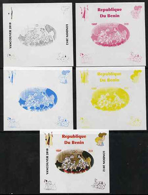Benin 2009 Disney's 101 Dalmations & Olympics #03 individual deluxe sheet the set of 5 imperf progressive proofs comprising the 4 individual colours plus all 4-colour composite, unmounted mint