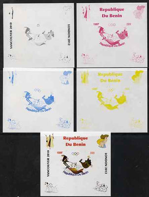 Benin 2009 Disney's 101 Dalmations & Olympics #04 individual deluxe sheet the set of 5 imperf progressive proofs comprising the 4 individual colours plus all 4-colour composite, unmounted mint
