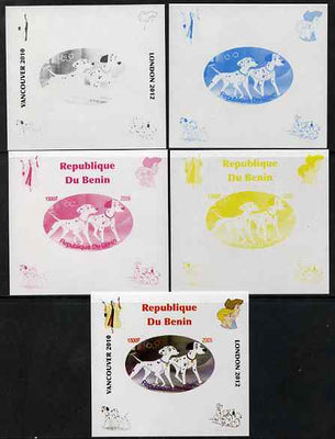 Benin 2009 Disney's 101 Dalmations & Olympics #05 individual deluxe sheet the set of 5 imperf progressive proofs comprising the 4 individual colours plus all 4-colour composite, unmounted mint