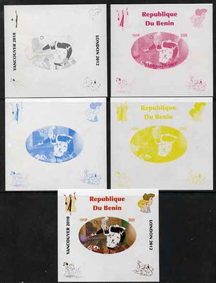 Benin 2009 Disney's 101 Dalmations & Olympics #08 individual deluxe sheet the set of 5 imperf progressive proofs comprising the 4 individual colours plus all 4-colour composite, unmounted mint