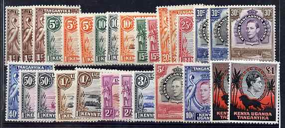 Kenya, Uganda & Tanganyika 1938-54 KG6 definitive set to £1 (2) mint or unmounted mint plus shades and perfs incl SG 139, 141 & 146, 29 values cat £466