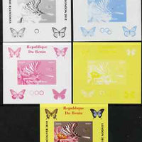 Benin 2009 Butterflies & Olympics #01 individual deluxe sheet the set of 5 imperf progressive proofs comprising the 4 individual colours plus all 4-colour composite, unmounted mint