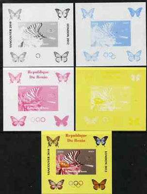 Benin 2009 Butterflies & Olympics #01 individual deluxe sheet the set of 5 imperf progressive proofs comprising the 4 individual colours plus all 4-colour composite, unmounted mint