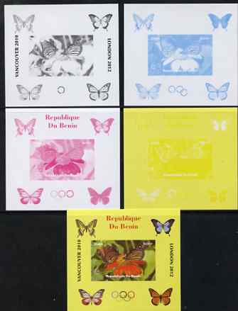 Benin 2009 Butterflies & Olympics #02 individual deluxe sheet the set of 5 imperf progressive proofs comprising the 4 individual colours plus all 4-colour composite, unmounted mint