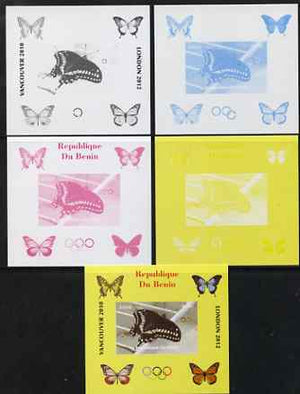 Benin 2009 Butterflies & Olympics #05 individual deluxe sheet the set of 5 imperf progressive proofs comprising the 4 individual colours plus all 4-colour composite, unmounted mint