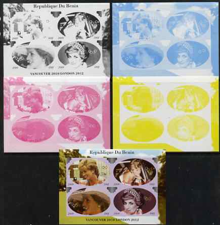 Benin 2009 Princess Diana & Olympics #01 sheetlet containing 4 values, the set of 5 imperf progressive proofs comprising the 4 individual colours plus all 4-colour composite, unmounted mint