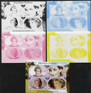 Benin 2009 Princess Diana & Olympics #04 sheetlet containing 4 values, the set of 5 imperf progressive proofs comprising the 4 individual colours plus all 4-colour composite, unmounted mint
