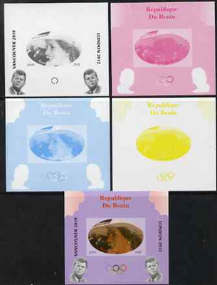 Benin 2009 Princess Diana, Kennedy & Olympics #01 individual deluxe sheet, the set of 5 imperf progressive proofs comprising the 4 individual colours plus all 4-colour composite, unmounted mint
