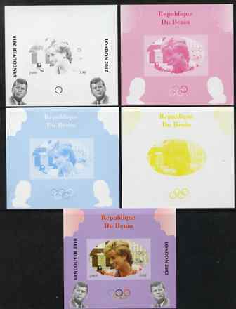 Benin 2009 Princess Diana, Kennedy & Olympics #02 individual deluxe sheet, the set of 5 imperf progressive proofs comprising the 4 individual colours plus all 4-colour composite, unmounted mint