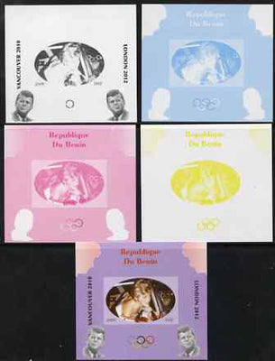 Benin 2009 Princess Diana, Kennedy & Olympics #03 individual deluxe sheet, the set of 5 imperf progressive proofs comprising the 4 individual colours plus all 4-colour composite, unmounted mint