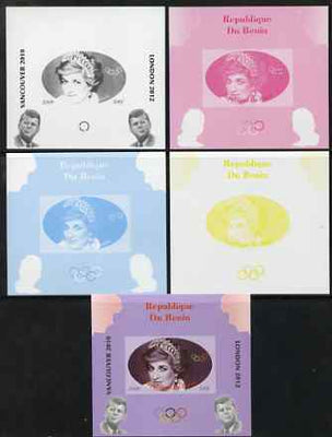 Benin 2009 Princess Diana, Kennedy & Olympics #04 individual deluxe sheet, the set of 5 imperf progressive proofs comprising the 4 individual colours plus all 4-colour composite, unmounted mint