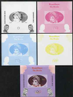 Benin 2009 Princess Diana, Kennedy & Olympics #04 individual deluxe sheet, the set of 5 imperf progressive proofs comprising the 4 individual colours plus all 4-colour composite, unmounted mint