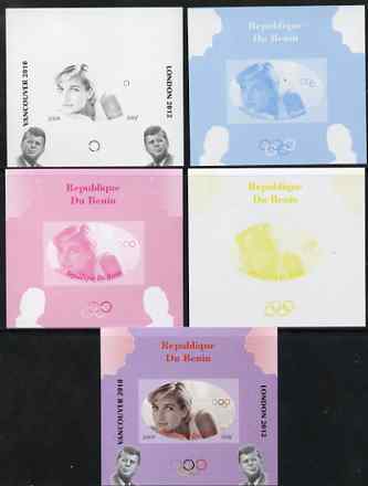 Benin 2009 Princess Diana, Kennedy & Olympics #05 individual deluxe sheet, the set of 5 imperf progressive proofs comprising the 4 individual colours plus all 4-colour composite, unmounted mint