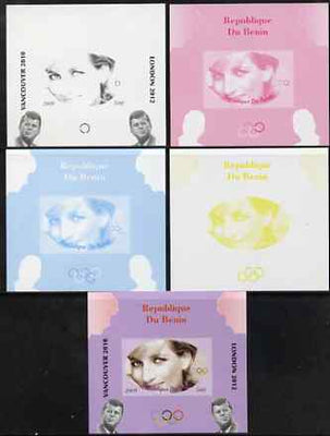 Benin 2009 Princess Diana, Kennedy & Olympics #13 individual deluxe sheet, the set of 5 imperf progressive proofs comprising the 4 individual colours plus all 4-colour composite, unmounted mint