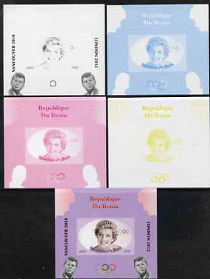 Benin 2009 Princess Diana, Kennedy & Olympics #15 individual deluxe sheet, the set of 5 imperf progressive proofs comprising the 4 individual colours plus all 4-colour composite, unmounted mint