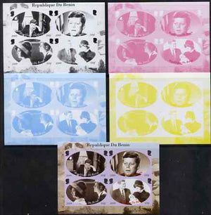 Benin 2009 John F Kennedy sheetlet containing 4 values, the set of 5 imperf progressive proofs comprising the 4 individual colours plus all 4-colour composite, unmounted mint