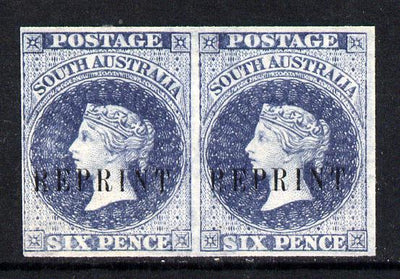 South Australia 1860 imperf pair of 6d dull blue (SG 32) on watermarked Crown SA paper, each impression opt'd REPRINT (originals c £700)