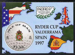 Isle of Man 1997 Golf m/sheet with 'Pacific 97' Internatiional Stamp Exhibition logo, unmounted mint, SG MS759